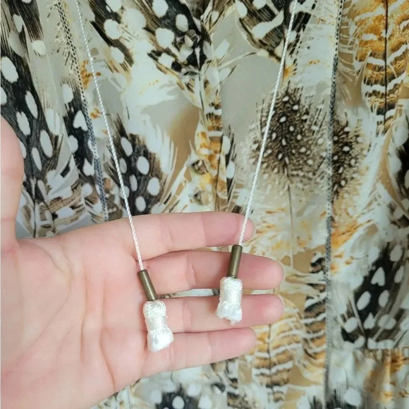 Etcetera, Silk Taupe Feather Print Button Front Peasant Blouse Top, Size 12 - Picture 3 of 8